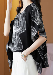 Black Patchwork Print Silk Blouse Tops O Neck Summer