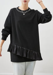 Black Patchwork Ruffles Cotton Mid Dress Asymmetrical Spring