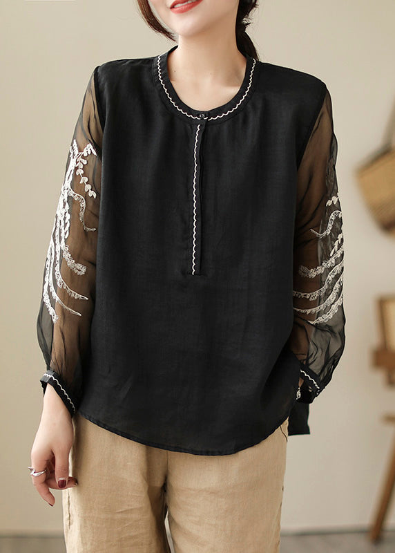 Black Patchwork Side Open Linen Top Long Sleeve