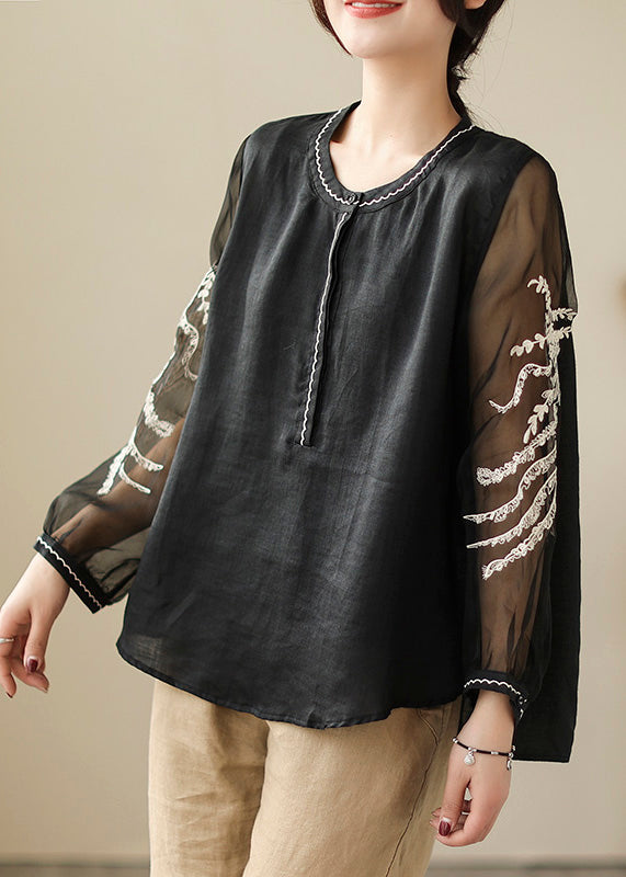 Black Patchwork Side Open Linen Top Long Sleeve