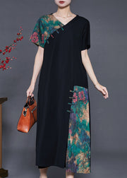 Black Patchwork Silk Dress V Neck Chinese Button Summer