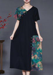 Black Patchwork Silk Dress V Neck Chinese Button Summer