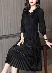 Black Patchwork Silk Holiday Dress V Neck Wrinkled Long Sleeve