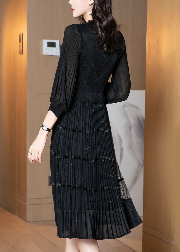 Black Patchwork Silk Holiday Dress V Neck Wrinkled Long Sleeve