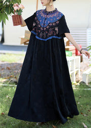 Black Patchwork Silk Long Dress Ruffled Jacquard Stand Collar Summer