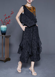 Black Patchwork Silk Two Piece Set Women Clothing Ruffles Jacquard Summer