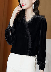 Black Patchwork Silk Velour Shirt Tops V Neck Long Sleeve