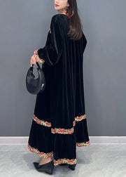 Black Patchwork Silk Velvet Stand Collar Long Dress Spring