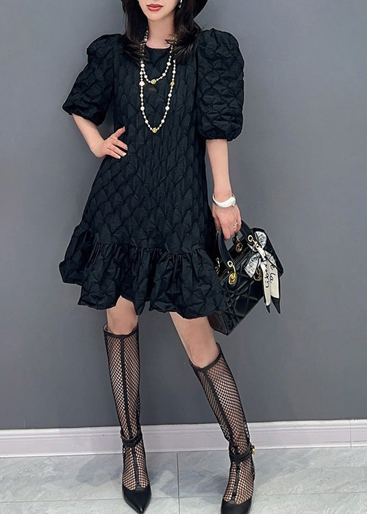 Black Patchwork Slim Mid Dress Puff Sleeve