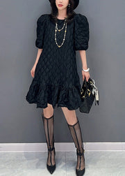 Black Patchwork Slim Mid Dress Puff Sleeve