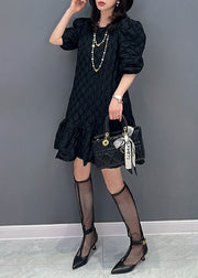 Black Patchwork Slim Mid Dress Puff Sleeve