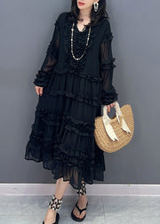 Black Patchwork Solid Holiday Chiffon Maxi Dress Long Sleeve