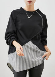 Black Patchwork Striped Cotton Sweatshirt Zip Up Spring