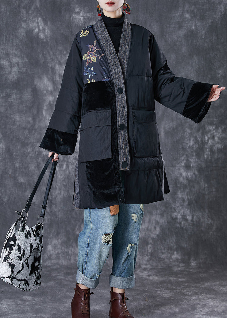 Black Patchwork Thick Fine Cotton Filled Parkas Oversized Pockets Winter