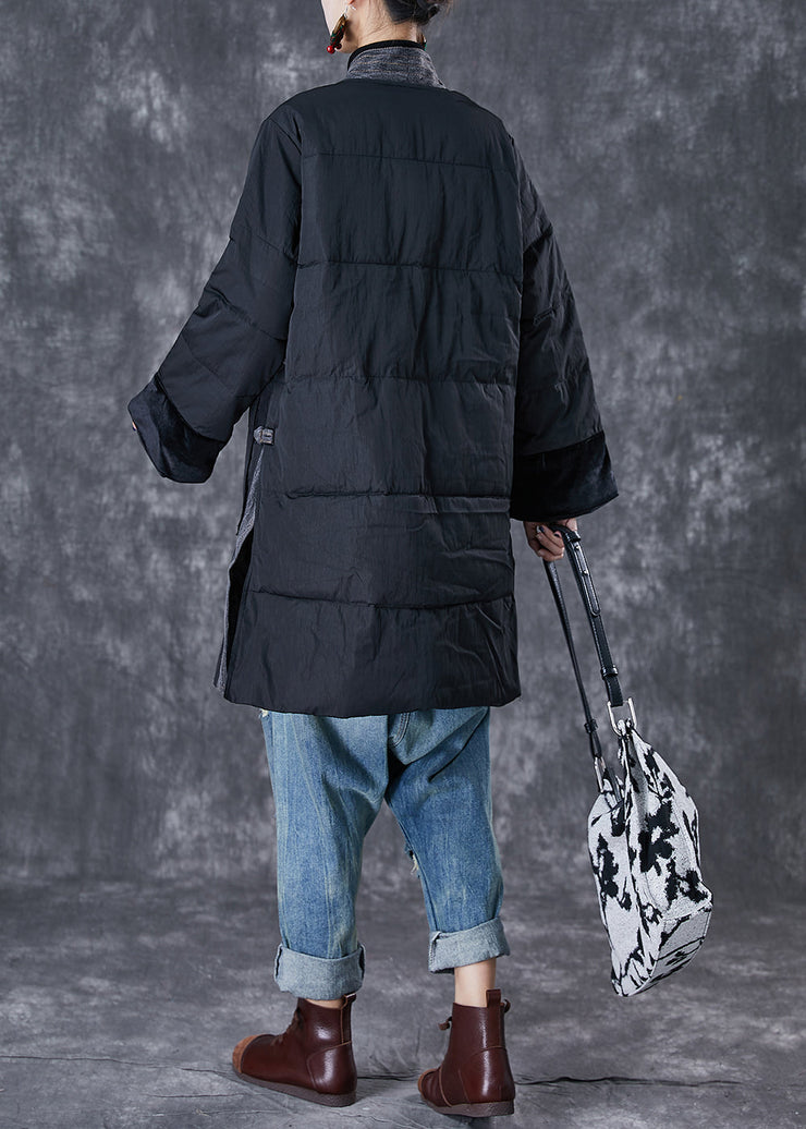 Black Patchwork Thick Fine Cotton Filled Parkas Oversized Pockets Winter