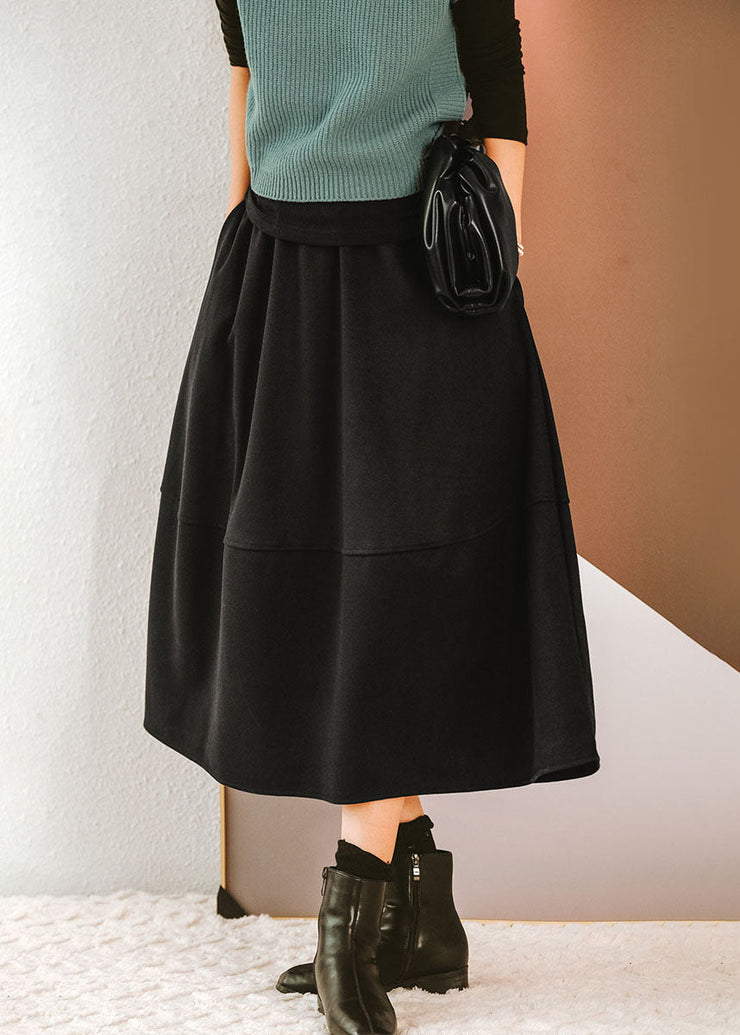 Black Patchwork Thick Woolen A Line Skirts Winter