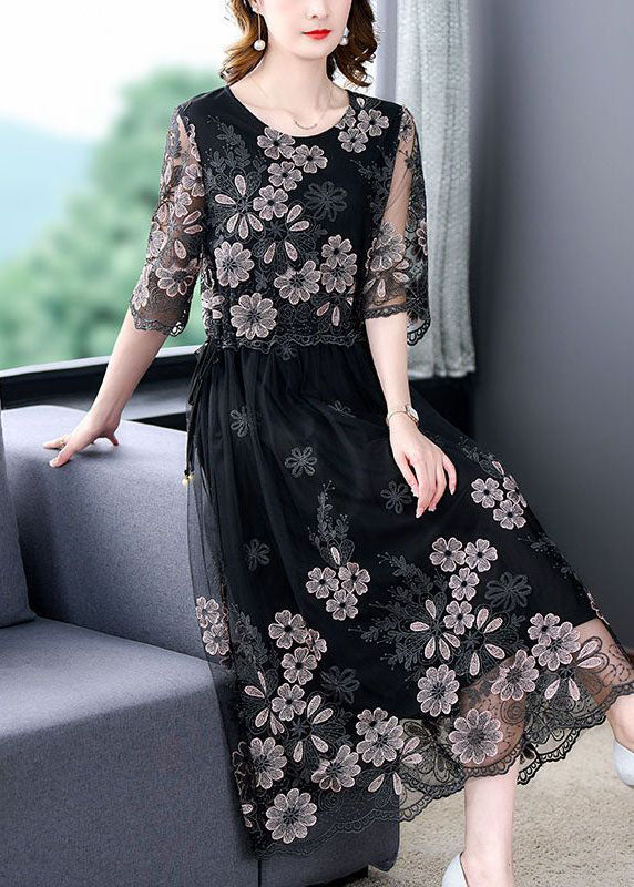 Black Patchwork Tulle Holiday Dress O-Neck Embroideried Half Sleeve