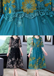 Black Patchwork Tulle Holiday Dress O-Neck Embroideried Half Sleeve