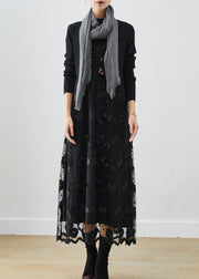 Black Patchwork Tulle Knit Holiday Dress Embroidered Fall