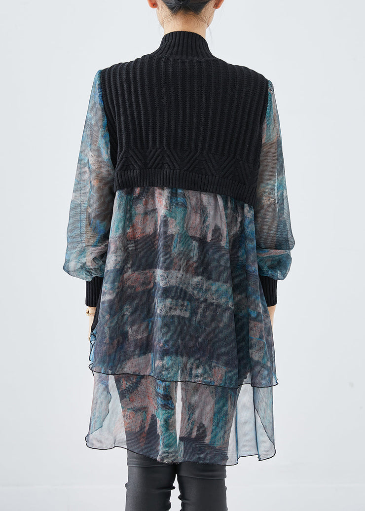 Black Patchwork Tulle Knit Shirts Tie Dye Fall