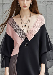 Black Patchwork Tulle Long Sweater V Neck Batwing Sleeve