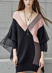 Black Patchwork Tulle Long Sweater V Neck Batwing Sleeve