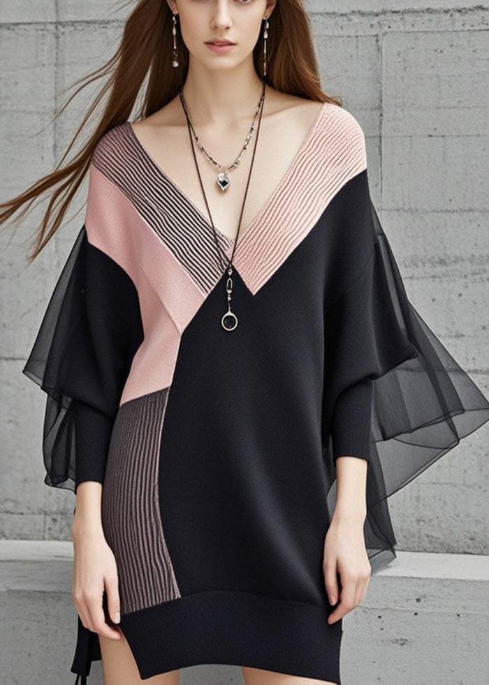 Black Patchwork Tulle Long Sweater V Neck Batwing Sleeve