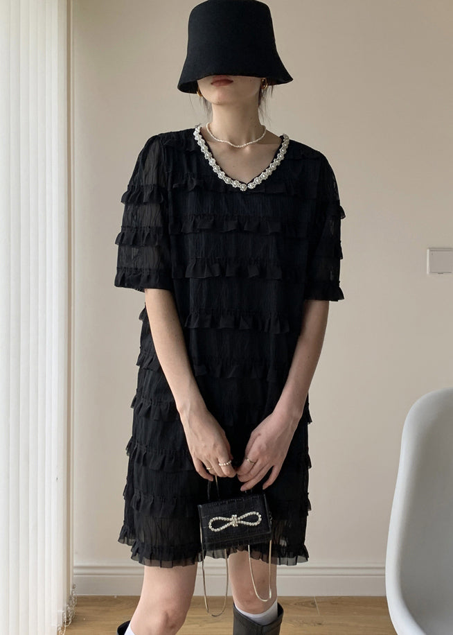 Black Patchwork Tulle Mid Dress V Neck Nail Bead Ruffled Summer