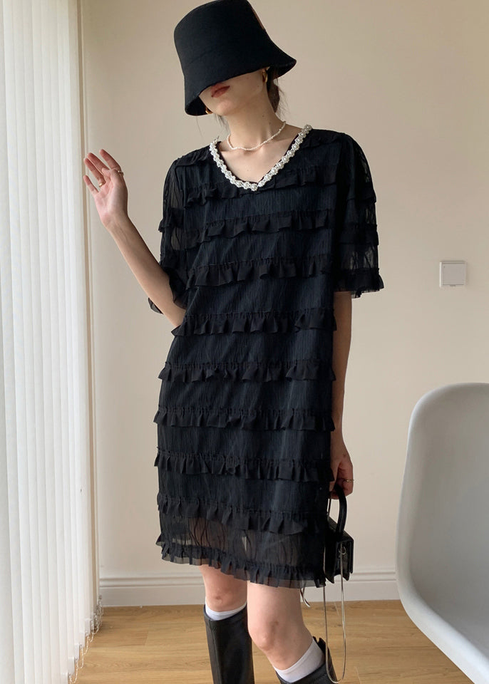 Black Patchwork Tulle Mid Dress V Neck Nail Bead Ruffled Summer