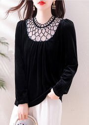 Black Patchwork Tulle Silk Velour Shirts Hollow Out Spring