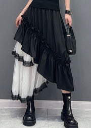 Black Patchwork Tulle Skirts Ruffled Asymmetrical Summer