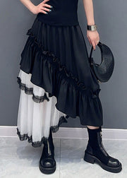 Black Patchwork Tulle Skirts Ruffled Asymmetrical Summer