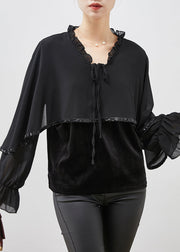 Black Patchwork Velour Chiffon Shirt Ruffled Lace Up Spring