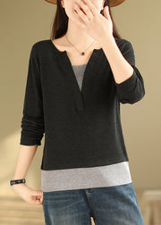 Black Patchwork Versatile  Cotton T Shirts V Neck False Two Pieces Fall