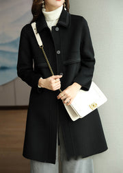 Black Patchwork Woolen Trench Coats Turn Collar Button Down Fall