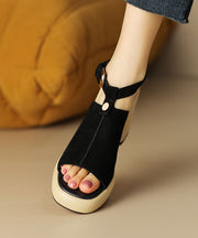 Black Peep Toe Buckle Strap Splicing Suede Chunky High Heels