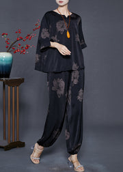 Black Peony Print Silk Two Pieces Set Oversized Half Sleeve