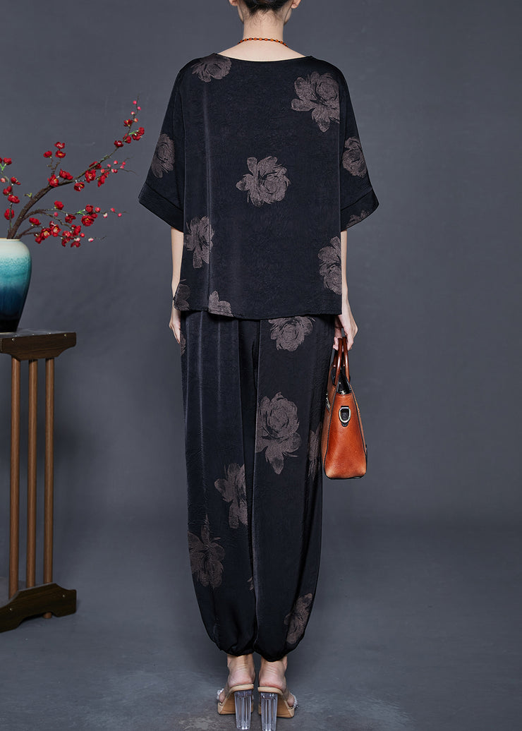 Black Peony Print Silk Two Pieces Set Oversized Half Sleeve