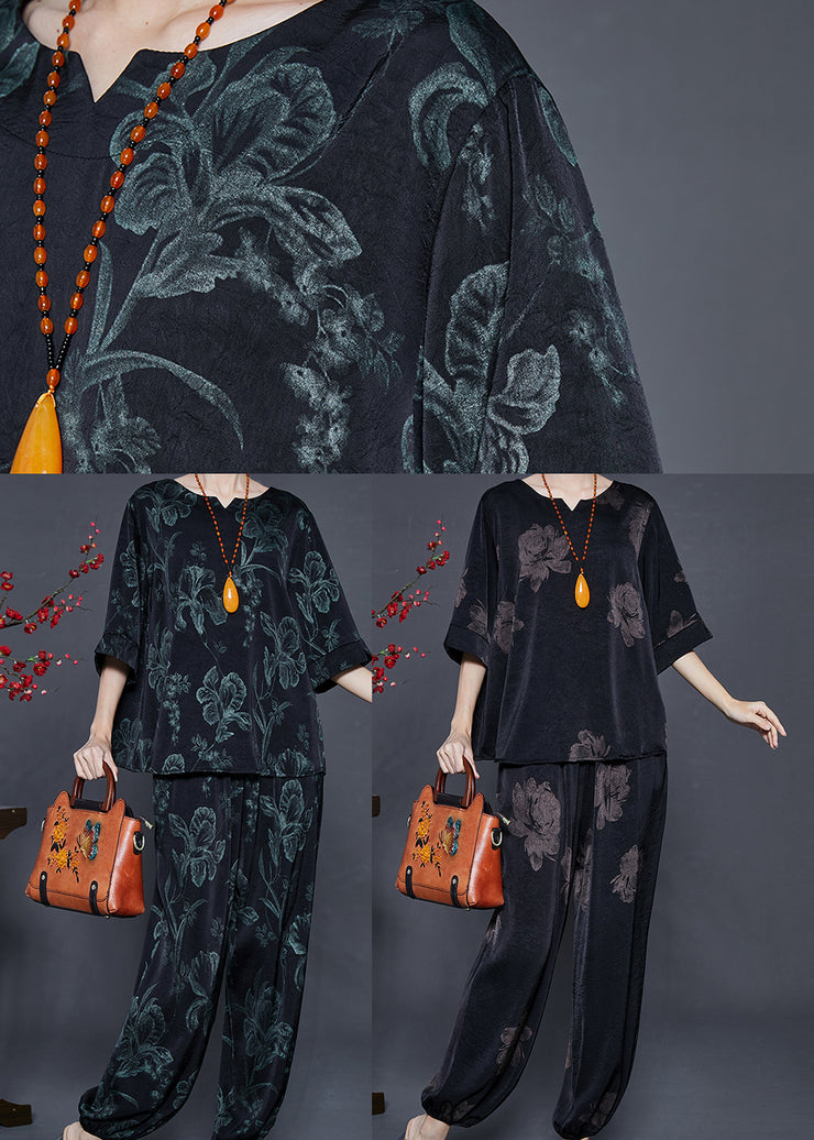 Black Peony Print Silk Two Pieces Set Oversized Half Sleeve