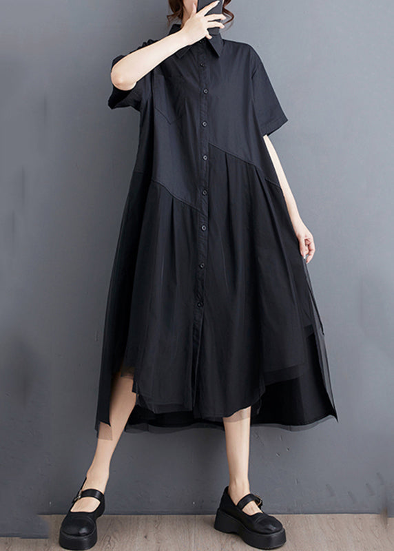 Black Peter Pan Collar Button Long Shirts Dress Summer