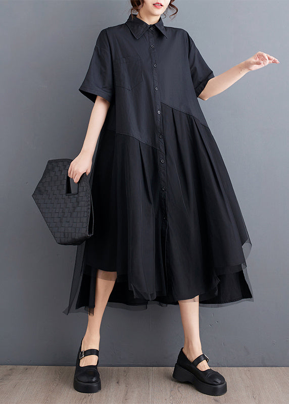 Black Peter Pan Collar Button Long Shirts Dress Summer