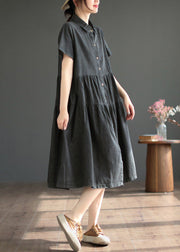 Black Peter Pan Collar Button Silk Denim Maxi Shirt Dresses Short Sleeve