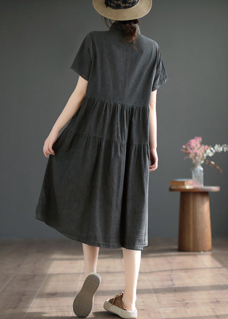 Black Peter Pan Collar Button Silk Denim Maxi Shirt Dresses Short Sleeve