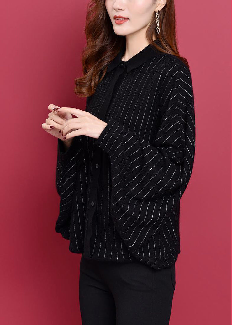 Black Peter Pan Collar Button Striped Knit Coats Long Sleeve