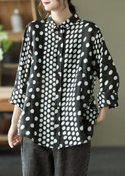 Black Peter Pan Collar Dot Button Linen Shirt Long Sleeve