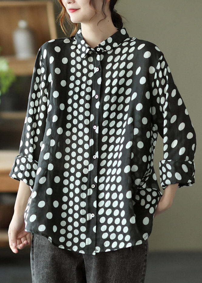 Black Peter Pan Collar Dot Button Linen Shirt Long Sleeve