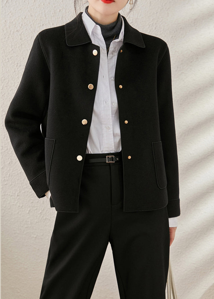 Black Peter Pan Collar Pockets Woolen Coats Long Sleeve