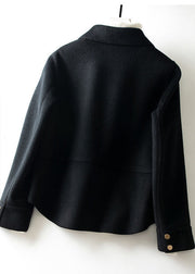 Black Peter Pan Collar Pockets Woolen Coats Long Sleeve