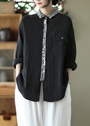 Black Peter Pan Collar Print Patchwork Shirt Long Sleeve