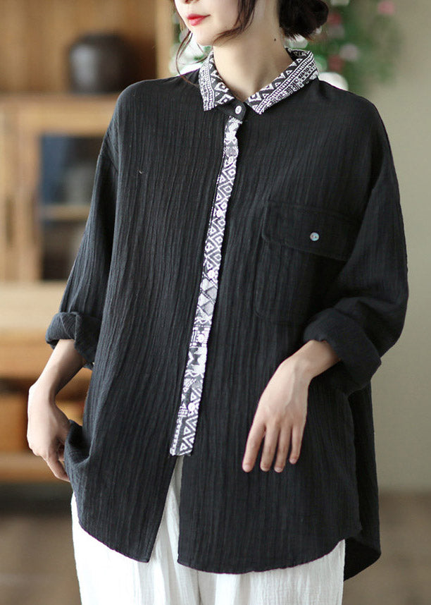 Black Peter Pan Collar Print Patchwork Shirt Long Sleeve